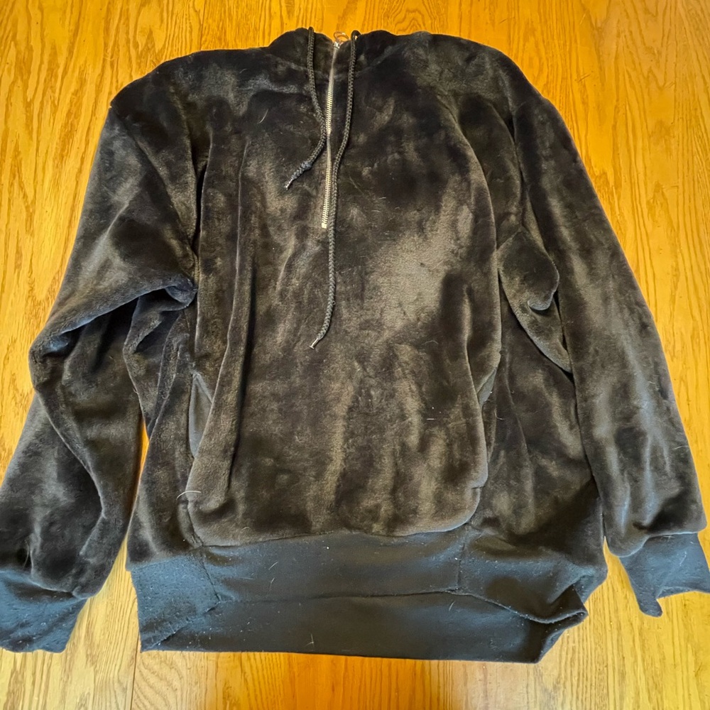 Black, suede-like, quarter zip hoodie